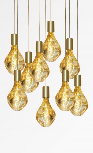 ARTEMIS 9 o58 in brushed brass with nine gold bulbs